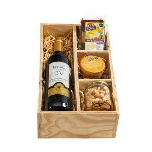 Arcón premium de madera con vino y productos gourmet para regalos corporativos Morettii